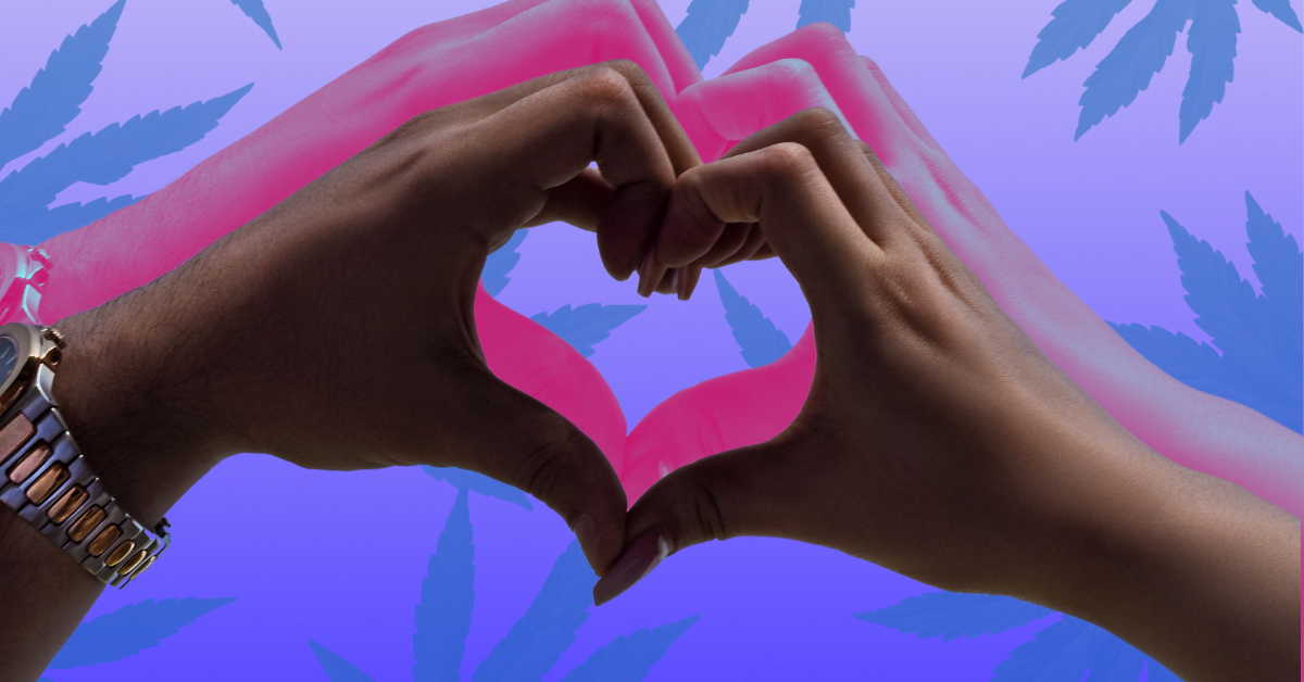 Two hands forming a heart shape against a background with cannabis leaves