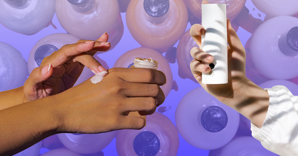Hands applying CBD-infused cream from a jar, with another hand holding a skincare bottle against a background with cream dollops